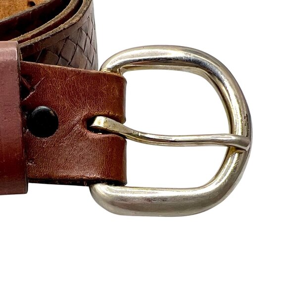 Vintage Western Basket Weave Brown Tooled Leather Belt 36 38 Brass-Plated Buckle - Picture 3 of 8